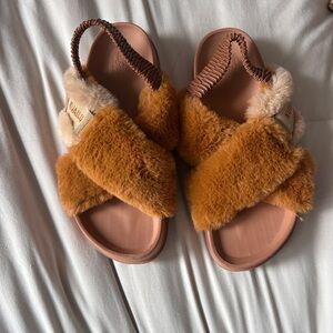 Women's Faux Fur Crossband Slingback Sandals - Chestnut